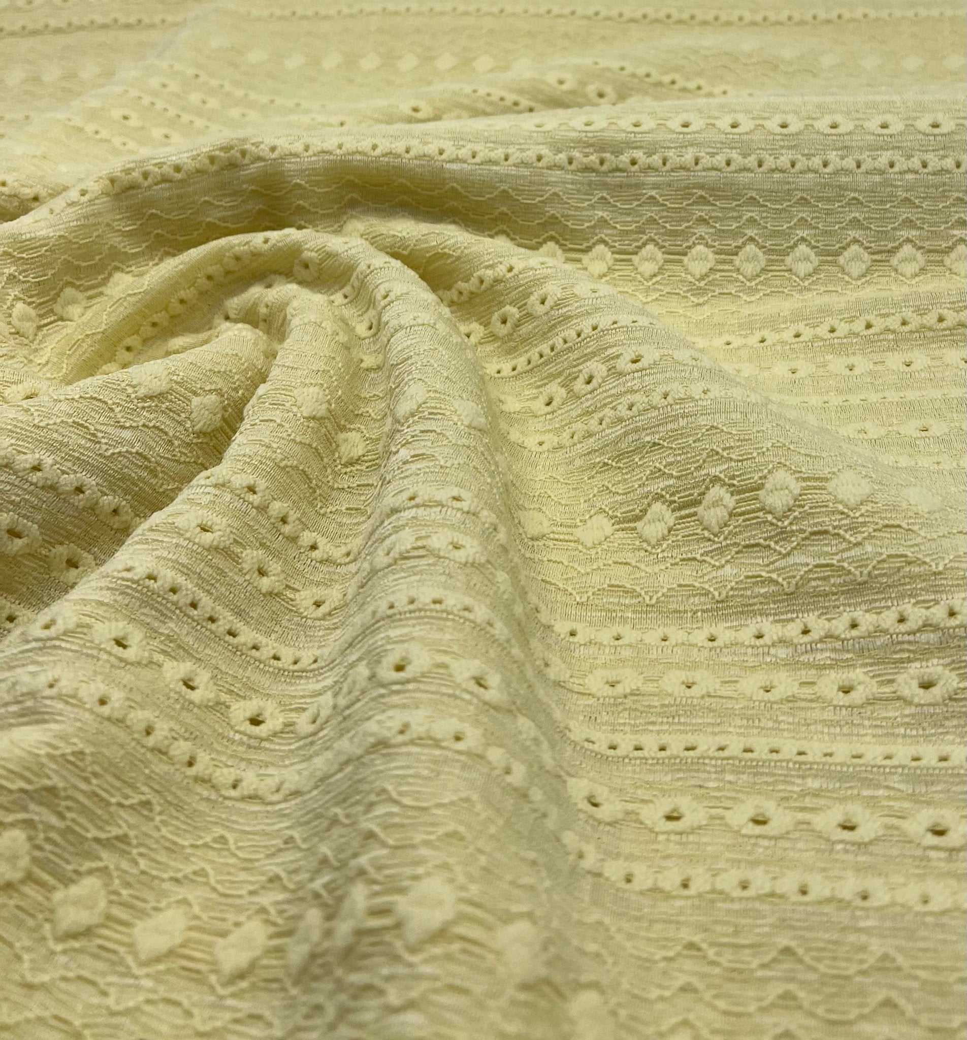 Lemon Broderie Anglaise Stretch Fabric 2 Way Stretch Fabric - T9 Fabrics